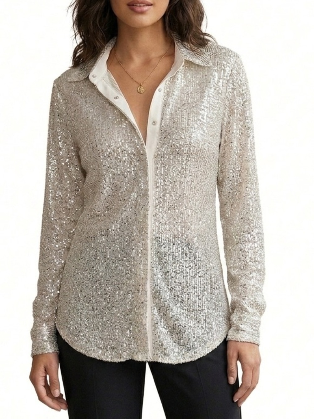 CeCe Champagne Silver Sequin Top Button Down Shirt Long Sleeve Sparkly Party L - Picture 15 of 15